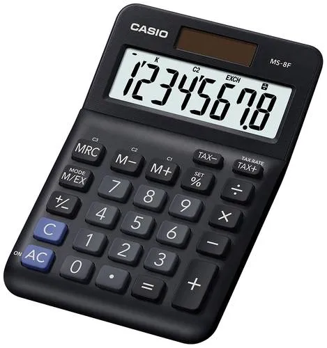 CASIO MS-8F Tischrechner schwarz - Nicht druckende Tischrechner mit 8-stelliger LCD-Anzeige und praktischen Funktionen wie Währungsumrechnung und Steuerberechnung, ideal für effizientes Arbeiten im Büro.