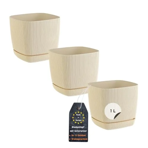 Engelland - 3 x Blumentopf mit Drainagesystem, Untersetzer, Farbe: Beige, Rillenoptik, Pflanz-Topf, Kübel, modern, Kunststoff, quadratisch, 12 x 12 cm, 1 Liter