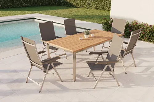 KETTLER Garten-Essgruppe BasicPlus - Stilvolle Garten-Essgruppe mit robustem Esstisch aus FSC®-zertifiziertem Teakholz und sechs komfortablen Multipositionssesseln für gesellige Stunden im Freien. Witterungsbeständig und pflegeleicht.