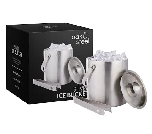 Oak & Steel - Doppelwandiger Edelstahl-Eiskübel mit Deckel und Zange (groß 2L) - Eleganter Eiskübel, Eiswürfelkühler, Eiskühler mit Deckel und Zange, Stabiler Eisbehälter - Elegant & Robust