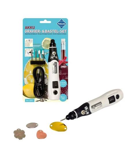 Pebaro 0351 Akku Gravierset: Kabelloses Graviergerät mit 4 Aufsätzen - Gravurwerkzeug für kreative Bastelprojekte, ideal zum Gravieren von Glas, Keramik und Metall. Kabelloses Arbeiten dank leistungsstarkem Akku für maximale Flexibilität.