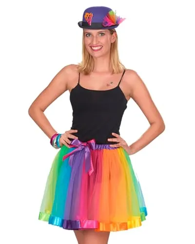 Bunter Clown Tüllrock für Damen – Mehrlagiger Regenbogen Tutu Rock mit Satinschleife und Verstellbarem Bund, Ideal für Fasching, Mottopartys und Theaterauftritte