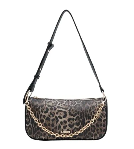 L.CREDI Damen Umhängetasche PHAEDRA schwarz-mix – Stilvoll & Vegan - Elegante Umhängetasche im Leoparden-Design aus PETA-zertifiziertem Vegan-Leder. Mit abnehmbarer Goldkette für vielseitige Looks und cleverer Innenorganisation für deine Essentials. Maße: 28 × 15 × 8 cm, leicht und praktisch.