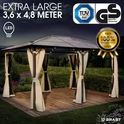 Alu-Pavillon PREMIUM 3,6x4,8m beige mit LEDs - Pavillon mit TÜV-geprüfter Sicherheit, elegantem Design und wasserdichtem Dach, inklusive stimmungsvoller LED-Beleuchtung für gemütliche Abende im Garten.