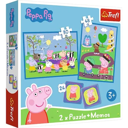 Trefl - Peppa Pig, Glückliche Momente mit Peppa Pig - 3 in 1: 2X Puzzles + Memory-Spiel, Puzzles mit Peppa Pig Figuren, 30 und 48 Elemente, Verschiedene Schwierigkeitsgrade, 24 Memos