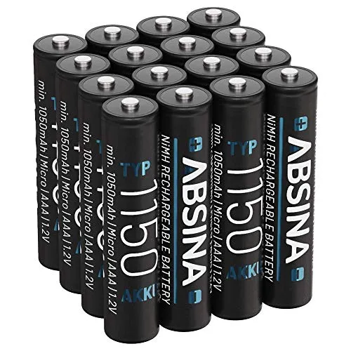 ABSINA AAA Akku 1150 NiMH 16er Pack - Hochleistungs-Akkus für Geräte mit hohem Stromverbrauch - Akkus für DECT-Telefone und mehr, mit 1050 mAh Kapazität, wiederaufladbar bis 1500 Mal, umweltfreundlich und sicher dank Überladungsschutz.