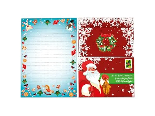 Briefpapier-Set A5 blau Schreibblock liniert mit Umschlag Weihnachten Wichtelgeschenk für Kinder (1 Block A5 mit 25 Blättern + 15 bedruckte Kuverts