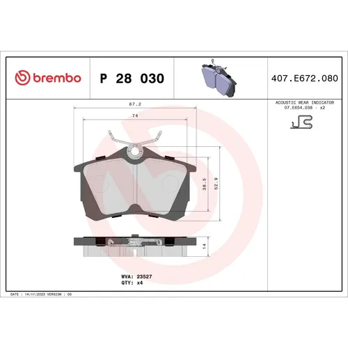 Bremsbelagsatz BREMBO P 28 030, Hinten