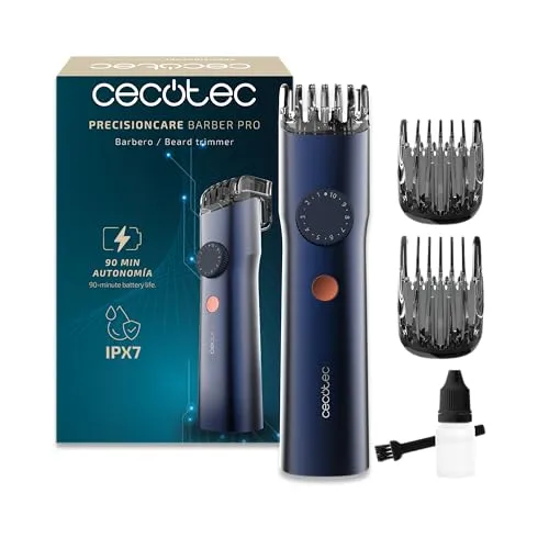 Cecotec PrecisionCare Barber Pro Bartschneidemaschine mit japanischen Klingen, Edelstahl, verstellbare Führungskämme (0,5-20 mm) mit Präzisionsrad, Akku 90 min, IPX7, Display