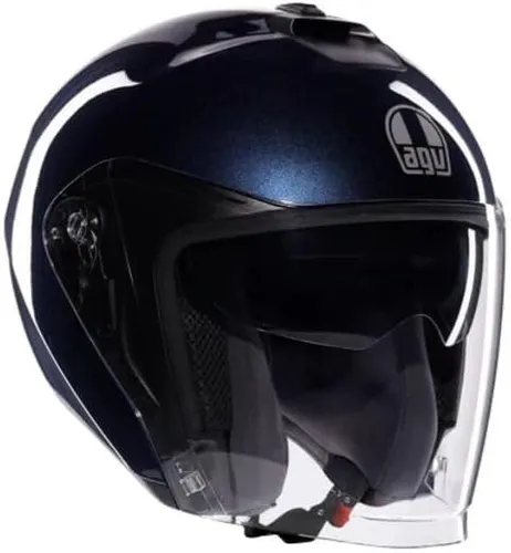 AGV E2206 Jet Helm - Irides Mono Tief Blue, Größe XS - Motorradhelm mit einer einfarbigen, matten Thermoplast-Außenschale, Sonnenschutzblende und Anti-Kratz-Visier für optimalen Fahrkomfort und Sicherheit.