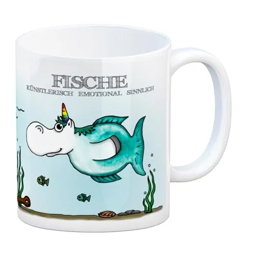 Honeycorns Kaffeebecher mit Sternzeichen Fische Motiv Tasse Kaffeetasse Becher mug Teetasse Büro Einhorngeschenk lustig witzig Einhorntasse Astrologie Tierkreiszeichen Sternbilder Geburtstag Geburt