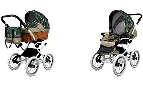 BabyLux ALU 2in1 Kinderwagen für Kleinkinder – Kinderwagen für Neugeborene und Kleinkinder – Baby Neugeborenen Kinderwagen – 59x105x125cm – Max. 15kg – Fern Leaf White Frame