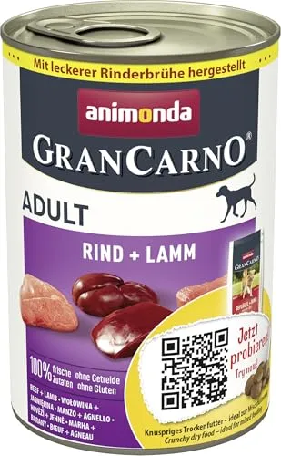 animonda GranCarno Hunde Nassfutter mit Rind + Lamm (6 x 400 g), getreidefreies Hundenassfutter ohne Zucker, für ausgewachsene Hunde, mit frischen fleischigen Zutaten