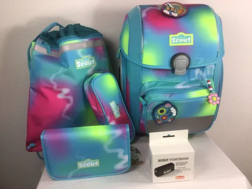 Scout Genius Schulranzenset Safety Light 5-teilig Happy Rainbow - Schulranzen-Set mit selbstschließendem Magnetschloss, ideal für kleine Entdecker. Robuste Bauweise und clevere Organisation ermöglichen optimalen Zugriff auf Schulutensilien. Sicherheit durch retroreflektierende Flächen und LED-Lichtleiter.