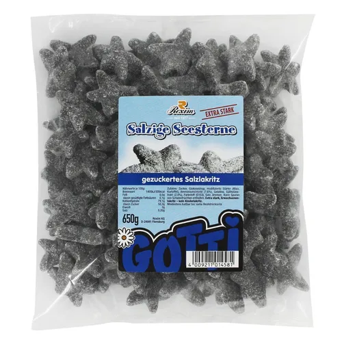 Rexim Salzige Seesterne 650g - Fruchtgummis mit extra starkem Lakritzgeschmack, ideal für Erwachsene. Perfekt zum Teilen bei gemütlichen Abenden oder unterwegs. Genießen Sie den salzigen Knabberspaß!