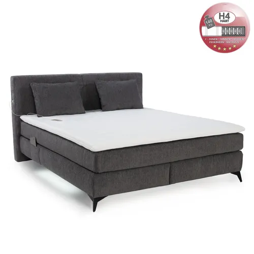 Boxspringbett 180x200 cm mit H4 Federkernmatratzen und Chenille Topper in Dunkelgrau - Modernes Boxspringbett 180x200 cm mit 2 hochwertigen H4 Federkernmatratzen und Kaltschaumtopper. Inklusive LED-Beleuchtung und USB-Ladeports für optimalen Komfort. Ideal für erholsamen Schlaf!