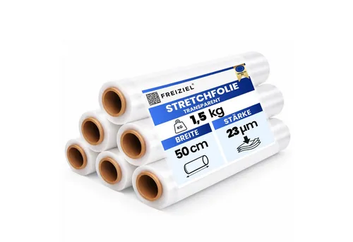 Stretchfolie 50 cm - 1,5 kg, 23 µm, transparent - 6 Rollen - Hochwertige Stretchfolie zur sicheren Umwicklung von Paletten und Sperrgut. Mit 180% Reißdehnung bietet sie optimalen Halt und Schutz. 6 Rollen, 0,5 m breit, perfekt für gleichmäßige Ladungen.