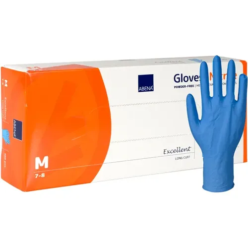 Produktbild Nitrilhandschuhe Abena Excellent 30 cm lang blau M KARTON Gr. 7-8 puderfreie unsterile Nitrilhandschuhe, 100 Stück/Box 3925
