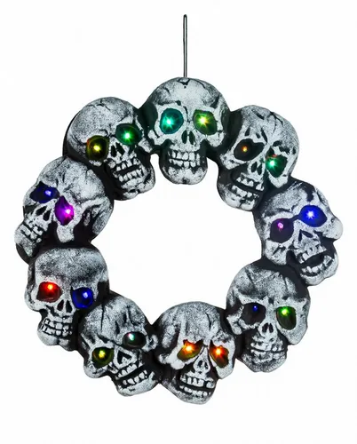 Horror-Shop Beleuchteter Totenkopf Kranz mit bunten LED's 44 cm - Schauriger Halloween Kranz mit bunten LED's für ein unheimliches Ambiente. Ideal für Partys und als auffällige Türdekoration. Durchmesser 44 cm, aus Polyfoam mit faszinierender Beleuchtung.