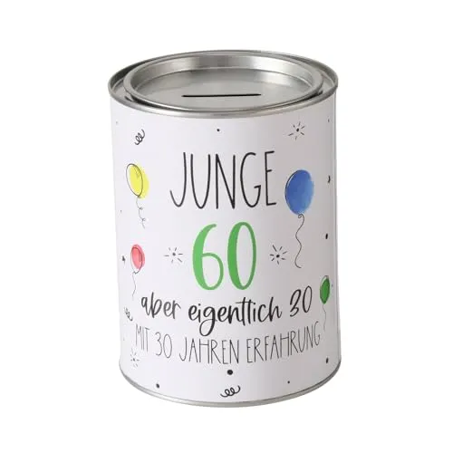 Spardose Sparschwein Schriftzug Junge 60 Aber eigentlich 30, Mit 30 Jahren Erfahrung - Deckel abnehmbar - Metall Sparbüchse Geldgeschenk Geschenkidee Geldspardose Metallspardose 14 x 10 cm