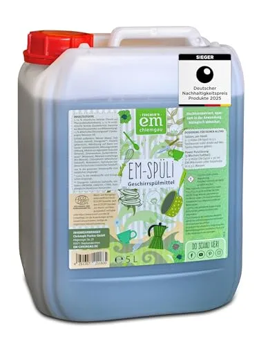 EM-Chiemgau Bio Geschirrspülmittel EM-Spüli [mit Effektive Mikroorganismen] sehr ergiebig, extrem Hohe Schmutz- und Fettlösekraft, pflanzliche Waschrohstoffe, Bio Rohstoffe, hautfreundlich - 5 L