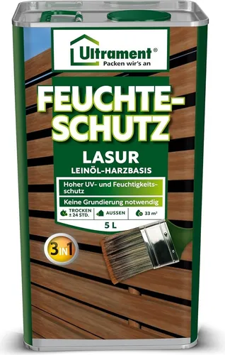 ULTRAMENT Feuchteschutz-Lasur 3-in-1, nussbaum - Holzschutz für Außen - Dünnschichtlasur auf Leinöl-Harzbasis, ideal für Sichtschutzzäune und Pergolen. Schützt vor Feuchtigkeit und UV-Strahlung, bis zu 3 Jahre Haltbarkeit ohne Grundierung.