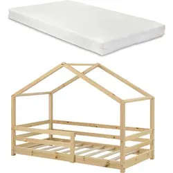 Kinderbett mit Matratze und Rausfallschutz 90x200cm - Stabiles Kinderbett aus Kiefernholz in Haus-Optik mit allergikergeeigneter Kaltschaummatratze für optimalen Schlafkomfort und Sicherheit durch Rausfallschutz.