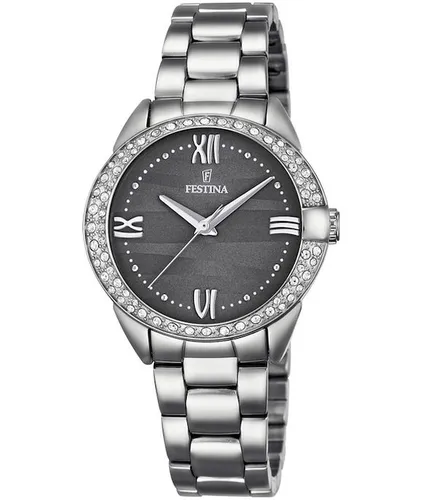 FESTINA F16919/3 Damen Armbanduhr - Elegante Damen Armbanduhr aus Edelstahl mit funkelnden Zirkonia, 5 bar wasserdicht und ideal für jeden Anlass. Das anthrazitfarbene Ziffernblatt verleiht einen modernen Touch.