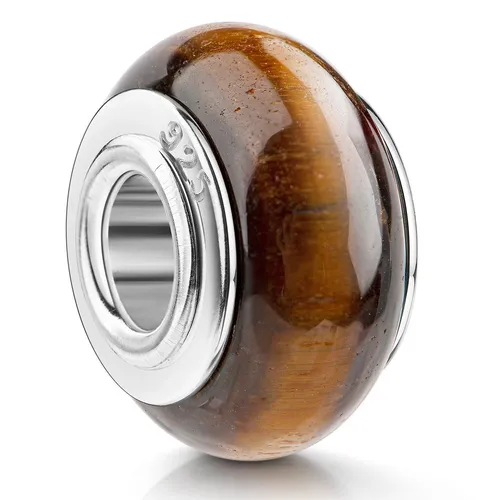 MATERIA Naturstein Bead Tigerauge braun - Charm-Anhänger aus 925 Sterlingsilber mit echtem Tigerauge Naturstein, ideal für individuelle Armbänder und Schmuckliebhaber.