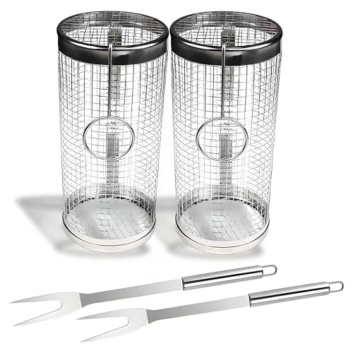 AVOID Rollender Grillkorb Edelstahl – BBQ Grillkorb Set rund & zylindrisch – Grillzubehör für Fleisch Fisch Gemüse – Spülmaschinengeeignetes Grillkorb Geschenke für Männer (Silber, 20x10cm)