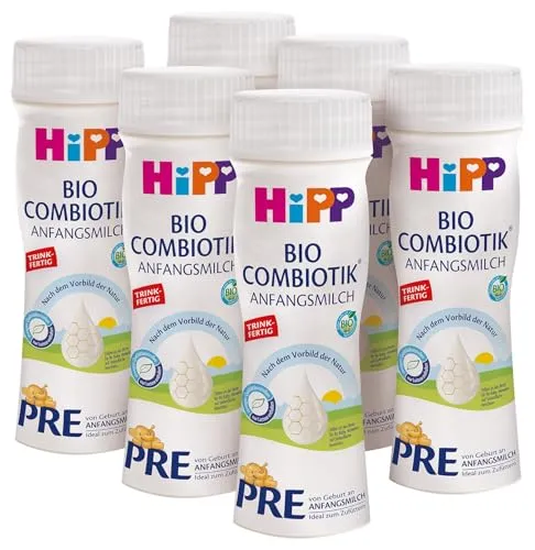 HiPP PRE Bio Combiotik trinkfertig (6 x 200ml), Anfangsmilch von Geburt an, enthält nur Lactose als Kohlenhydrat, praktische BPA‑freie Flasche