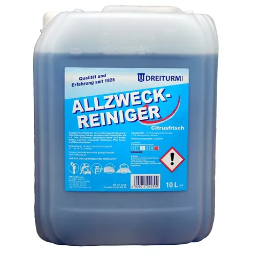 Dreiturm Allzweckreiniger 10 L - Universalreiniger mit Salmiak für die gründliche Reinigung von Kunststoff, Glas und Fliesen - effektiv gegen starke Verschmutzungen, citrusfrischer Duft!