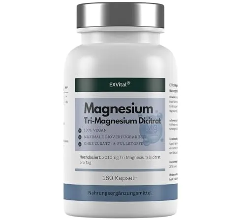 Tri-Magnesium Dicitrat- 2010mg Magnesiumcitrat, 322mg elementares Magnesium pro Tagesdosis von EXVital. Hoch konzentriert, 180 Kapseln, Premiumqualität, kein Magnesiumstearat, vegan, 1er Pack (156g)