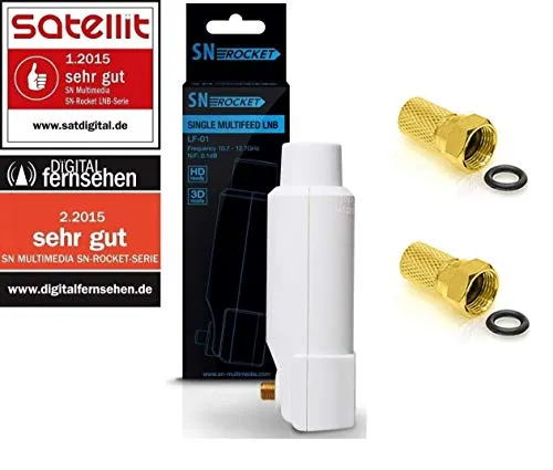 SN Rocket Single LNB LF-01 40mm Feed 0.1db Full HD 3D vergoldete Anschlüsse + Wetterschutz / Set mit 2 F-Stecker vergoldet / GRATIS ( Test SEHR GUT )