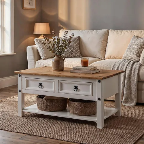 CARO-Möbel Couchtisch CAMPO, Kiefer Massivholz - Stylischer Sofatisch im Mexico-Stil mit 2 praktischen Schubladen, ideal für wohnliche Akzente und zusätzlichen Stauraum.