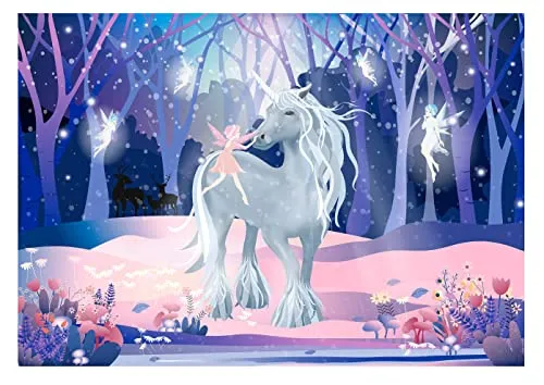 WallArena - Vlies Fototapete Kinderzimmer 208x146 cm Einhorn Mädchen Fee Märchen Fantasy Wald für Kinder - Fototapeten Tapeten für Kinder Kindertapete - Vliestapete Wandtapete Tapete 3D Effekt