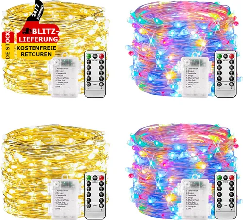 Lichterkette Batterie 2/4 x100LED Lichterkette 10M 8 Modi Fernbed. Timer Dimmbar