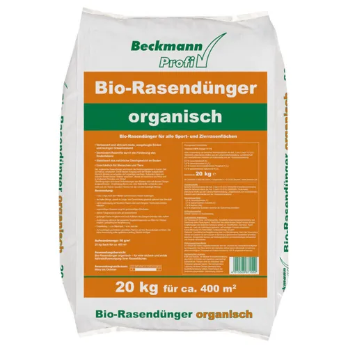 BECKMANN PROFI Bio Rasendünger 20 kg - Biologischer Rasennaturdünger für gesundes und kräftiges Wachstum, ideal für Frühling, Sommer und Herbst. 100% organisch, granuliert und einfach anzuwenden.