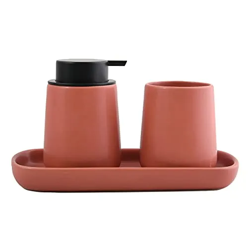 MSV Badezimmer Set, 3-teiliges Badzubehör aus Keramik - Badausstattung Sets mit hochwertigem, feuchtigkeitsbeständigem Design. Inklusive nachfüllbarem Seifenspender, ideal zur stilvollen Aufbewahrung von Kosmetik und Schmuck.