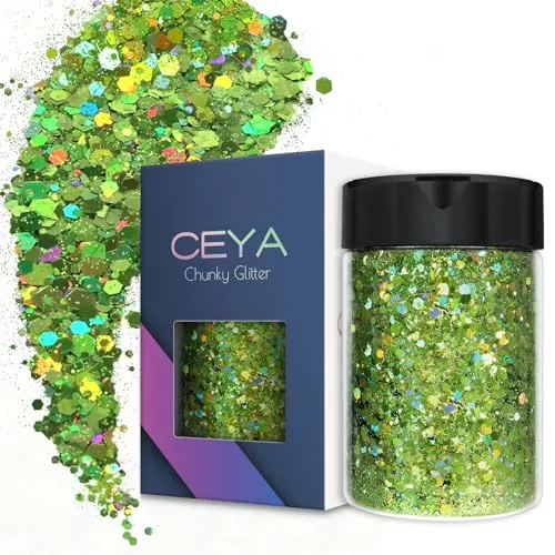 Ceya Holografischer grober Glitzer, 3.5oz/100 g, Hellgrün, Bastelglitzer, gemischte grobe und feine Flocken, schillernde Nagel-Pailletten für Nägel, Haare, Epoxidharz, Becher
