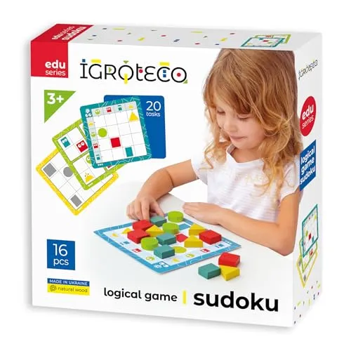 Igroteco® Logikspiel Geometrisches Sudoku | 16 Teile aus Holz | pädagogisches Holzspielzeug 20 Aufgaben | Förderung von Logik und Feinmotorik | sichere wasserbasierte Farben