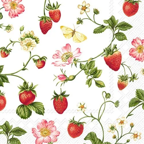 Servietten Sweet Strawberry Erdbeeren Blüten Sommer Schmetterling 33x33cm 20