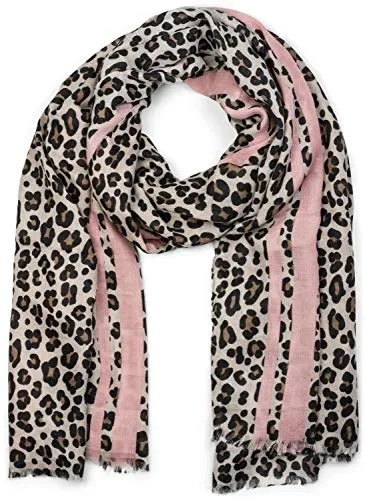 styleBREAKER Damen Schal mit Leo Muster und farbigem Streifen | Weiches Material mit Fransen | Animal Print Tuch in One Size, Farbe:Braun-Rosa