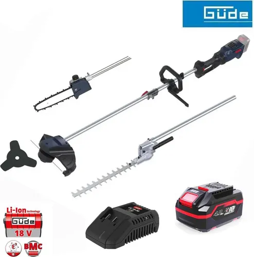 Güde Multifunktionswerkzeug 18V Freischneider Trimmer Heckenschere Astkettensäge 4in1 mit Akku 4 Ah