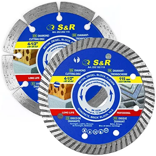 S&R Diamanttrennscheiben 115 mm Set 2-tlg, 1x Segment Standard, 1x Turbo-Rand - 115 mm x 10 mm x 22.2/15.88 mm (inkl Reduzierring), Diamant Trennscheiben für Stein, Beton, Ziegel, Fliesen