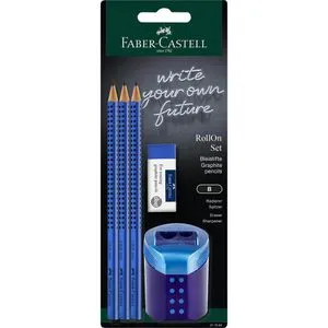 Faber-Castell Bleistift Grip Set RollOn Blue, Härte B, inkl. Radierer und Spitzer, 3 Stück