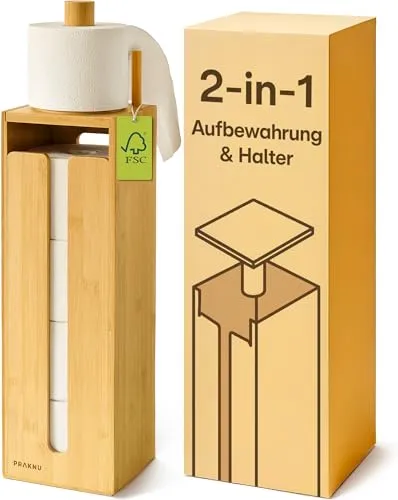 Praknu Toilettenpapierhalter Stehend mit Ablage - Toilettenpapierhalter aus Bambus, bietet Platz für bis zu 4 Rollen und hat einen magnetischen Deckel für einfachen Zugang.