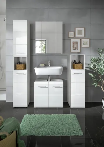 Badezimmer-Set >Ice< in Weiß / Weiß Hochglanz - 150x185x30cm - Verleihen Sie Ihrem Badezimmer mit diesem eleganten 4-teiligen Set neuen Glanz! Mit durchdachten Stauraumlösungen und modernem Design ist es ideal für funktionale und stilvolle Badezimmergestaltungen.