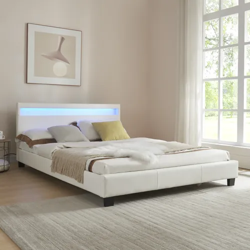 Corium LED Polsterbett Paris 140x200cm - Elegantes Kunstleder-Bett mit stimmungsvoller RGB LED-Beleuchtung und gepolstertem Kopfteil für eine gemütliche Atmosphäre im Schlafzimmer.
