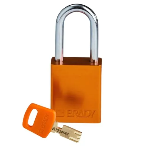 Brady SafeKey Vorhängeschloss Aluminium 1er-Pack - Lockout Schloss mit Schlüssel - Lockout Tagout Sicherheitsschloss für innen und außen - Bügelhöhe 38.10 mm - Verschiedenschließend - Orange